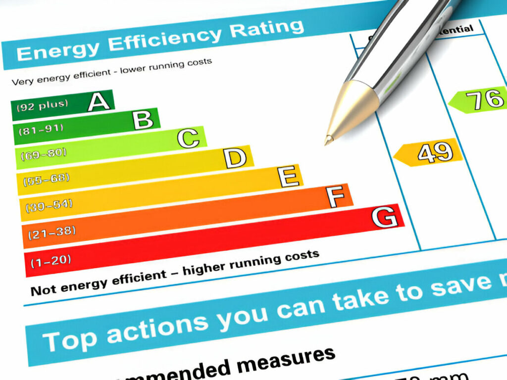 "Energy Performance Certificate (EPC) chart showing UK property energy efficiency rating from A to G, highlighting importance of energy certification in UK housing market."