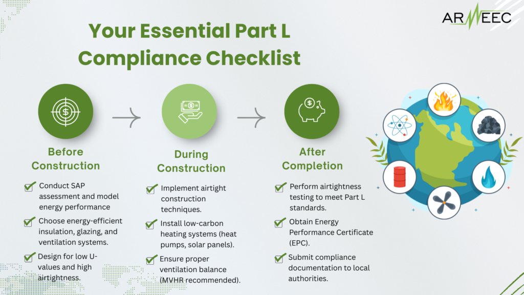 Infographic checklist for UK Building Regulations Part L compliance, covering energy-efficient design, low-carbon heating, and airtightness testing for new builds and retrofits.