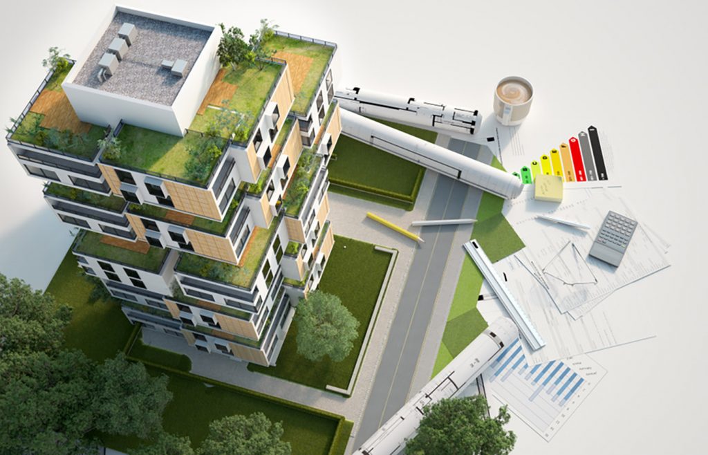Modern sustainable construction site in the UK with eco-friendly design