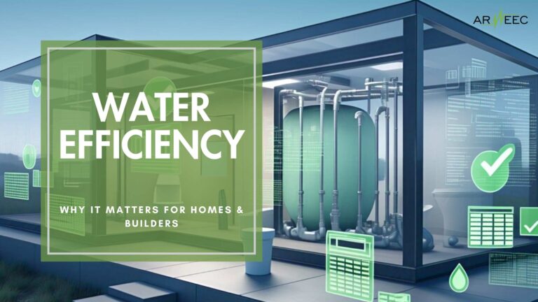 "Modern eco-friendly home in Manchester with water-saving fixtures, rainwater harvesting tank, and a digital water meter overlay, symbolizing water efficiency calculation in residential buildings."