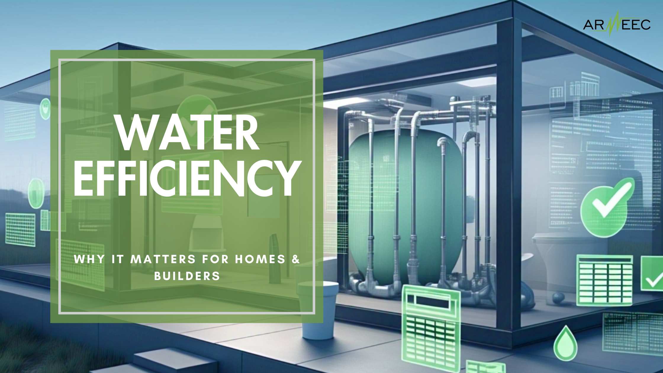 "Modern eco-friendly home in Manchester with water-saving fixtures, rainwater harvesting tank, and a digital water meter overlay, symbolizing water efficiency calculation in residential buildings."
