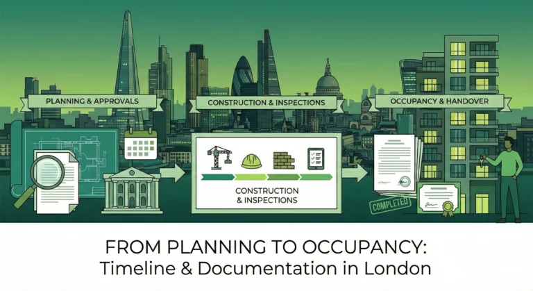 Infographic titled "From Planning to Occupancy: Timeline & Documentation in London," illustrating the three-stage process of planning approvals, construction inspections, and final handover for London building projects