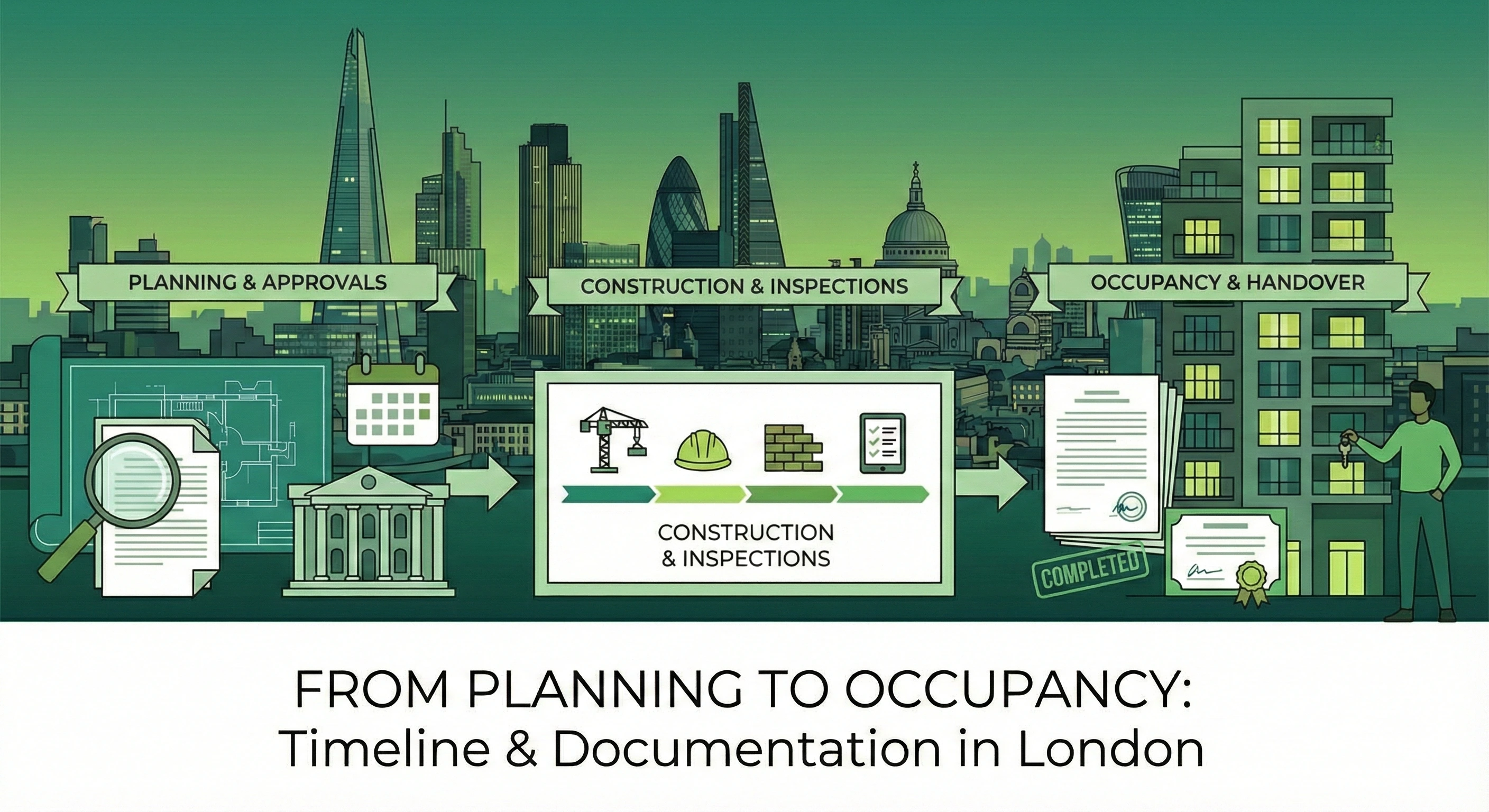 Infographic titled "From Planning to Occupancy: Timeline & Documentation in London," illustrating the three-stage process of planning approvals, construction inspections, and final handover for London building projects