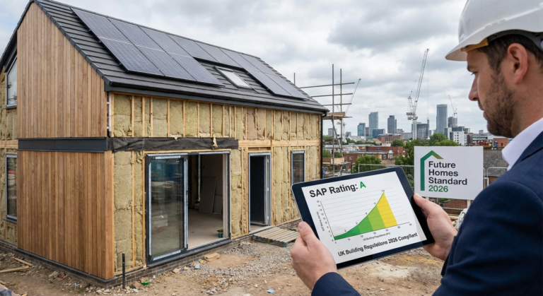 A realistic image of a new build home in the UK, highlighting its energy-efficient features like solar panels and large windows. In the foreground, a blueprint and hard hat rest on a table, symbolizing the meticulous planning required to meet 2026 building regulations.