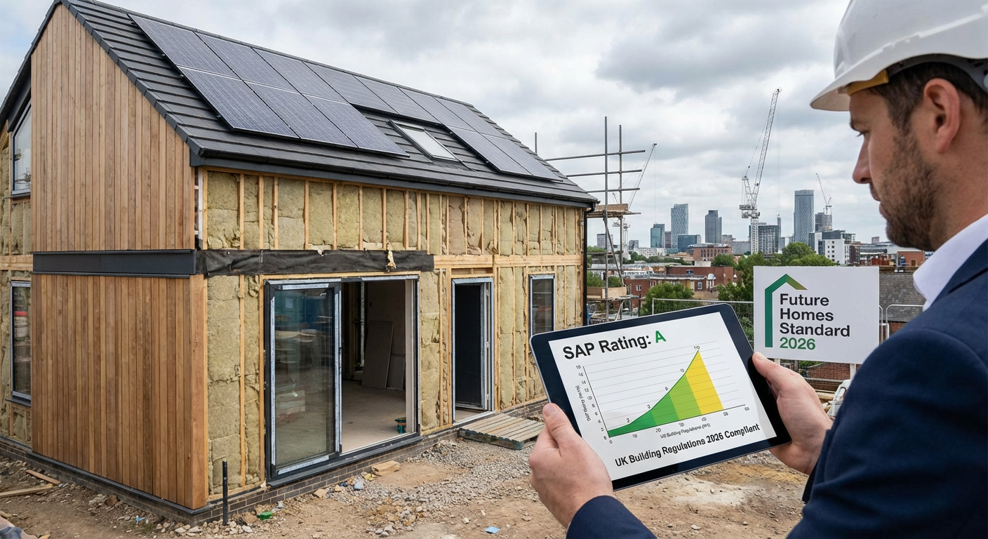 A realistic image of a new build home in the UK, highlighting its energy-efficient features like solar panels and large windows. In the foreground, a blueprint and hard hat rest on a table, symbolizing the meticulous planning required to meet 2026 building regulations.