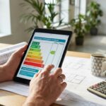 A landlord reviewing an EPC rating on a tablet alongside property documents while planning improvements ahead of the 2030 deadline
