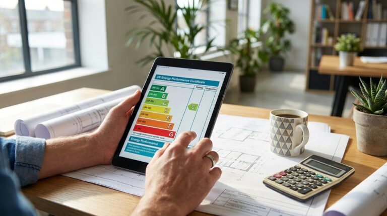 A landlord reviewing an EPC rating on a tablet alongside property documents while planning improvements ahead of the 2030 deadline