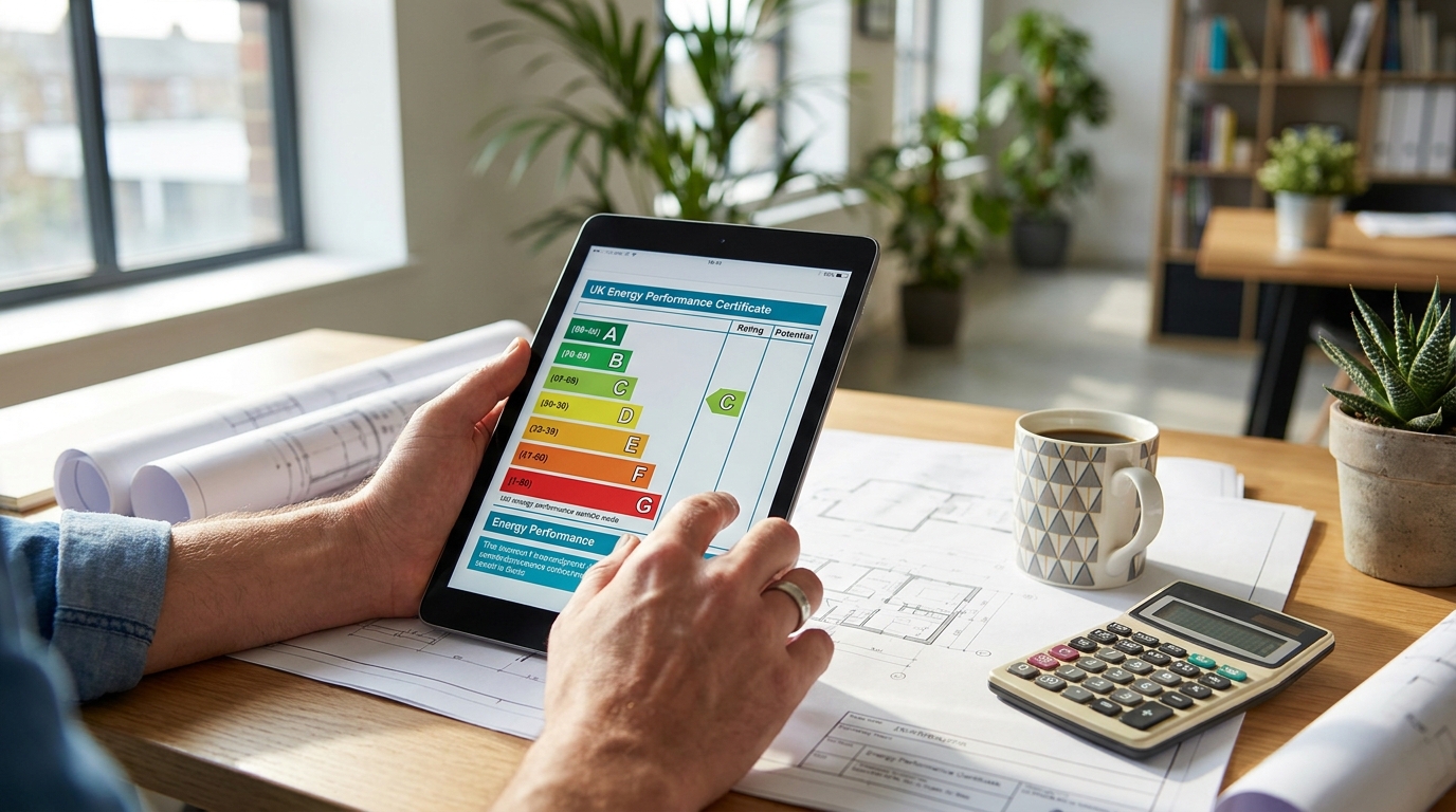 A landlord reviewing an EPC rating on a tablet alongside property documents while planning improvements ahead of the 2030 deadline