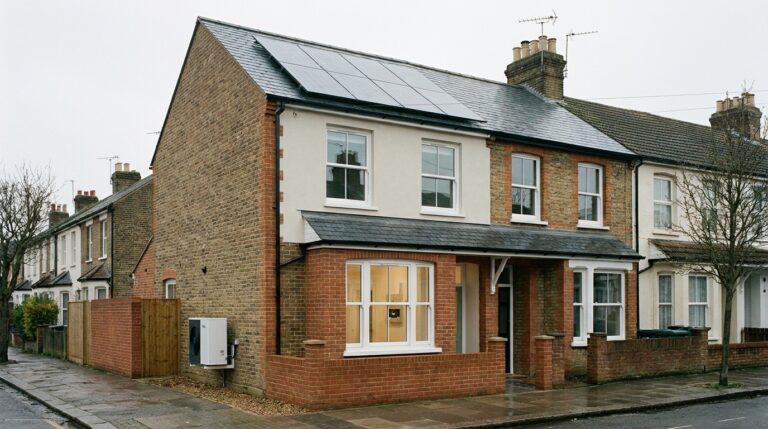 UK terraced house with solar panels, double glazing and an air-source heat pump — features that score well on the new EPC metrics introduced in 2026